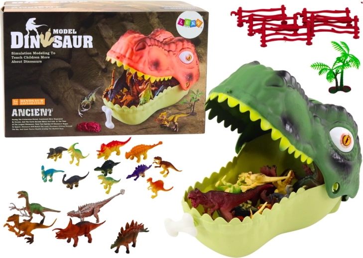 Sæt dinosaurfigurer med stor grøn kæbe, 45 dele