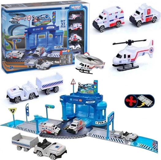 Woopie tematisk sæt politistation i lufthavn med biler og helikopter, 37 dele