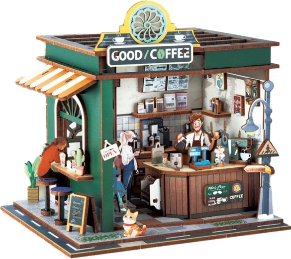3D træbyggesæt café med lyseffekter 14,5 × 16 × 15,8 cm