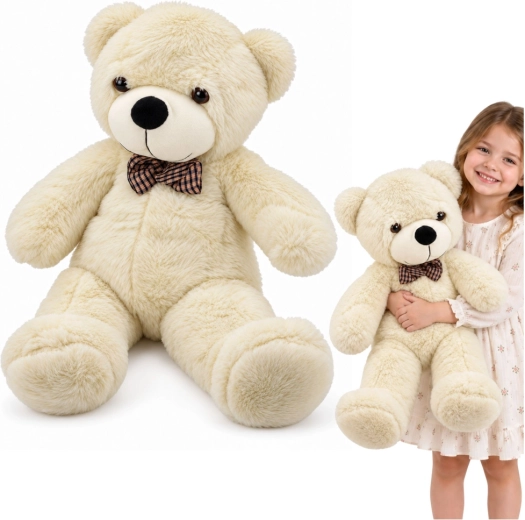 Plysset bamse med ternet sløjfe 80 cm