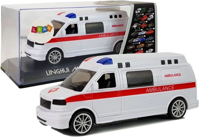 Legetøjsambulance med pull-back, lys og sirene