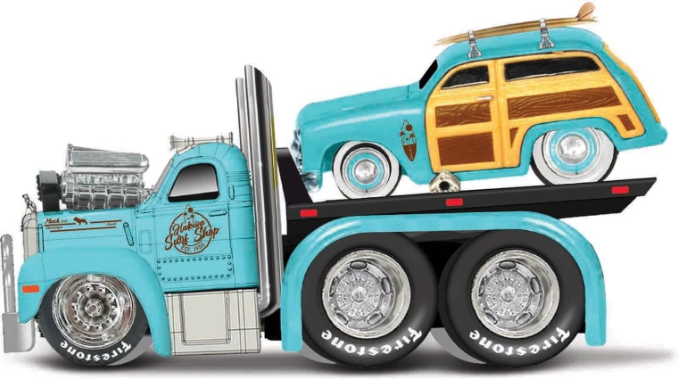 Maisto Muscle Transports 1953 Mack B-61 ladvogn med 1950 Ford Woody 1:64