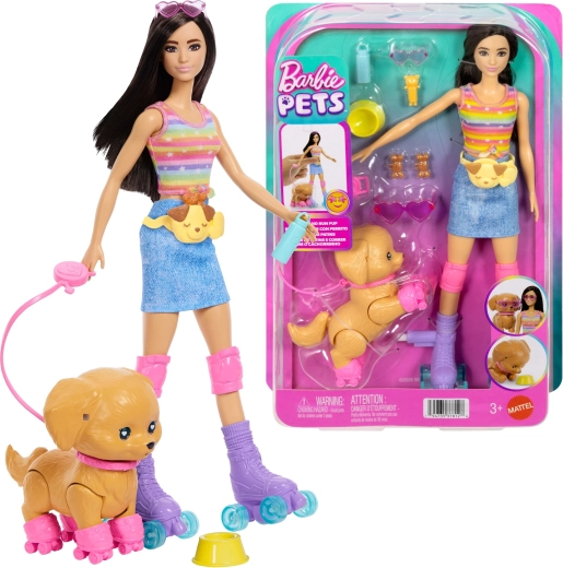 Barbie Pets – dukke på rulleskøjter med hvalp og tilbehør