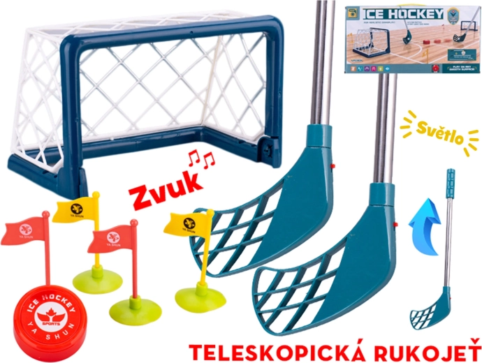 Sæt til børnehockey med mål, teleskopiske stave og lyseffekter