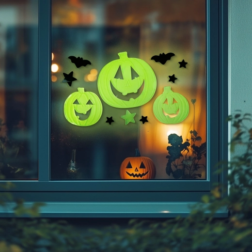 Selvlysende halloween-vinduesdekoration med græskar, 29 × 16 cm