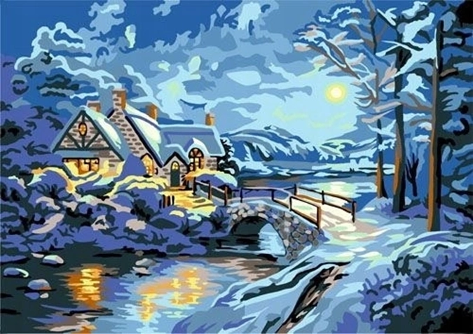 Norimpex mal efter tal sneklædt hus i vinterskov 40 × 50 cm