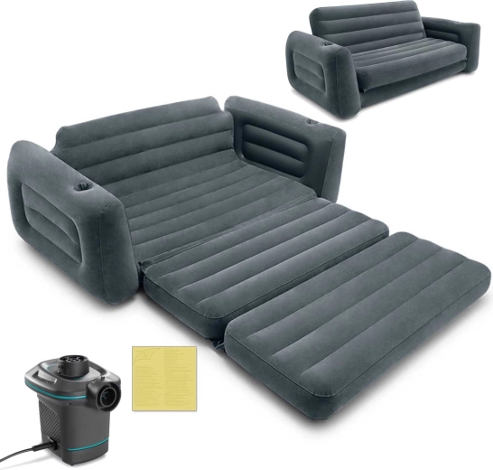Oppustelig velour-sofa 2-i-1 med elektrisk pumpe INTEX