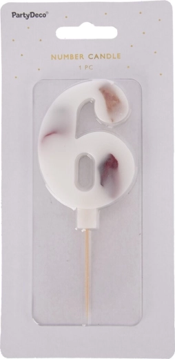 Kagelys blomst med tallet 6, hvid, 8 cm
