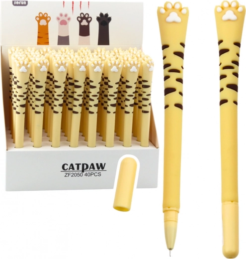 Gelpenn med kattepote blå blæk gule striber 16,5 cm