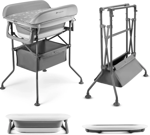 Kinderkraft puslebord med badekar Bubbly Grey – sammenklappeligt puslebord og babybadekar