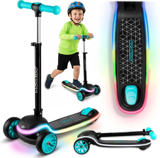 Trehjulet børnebalance-løbehjul med LED-panel Ricokids Leddi – sort‑turkis