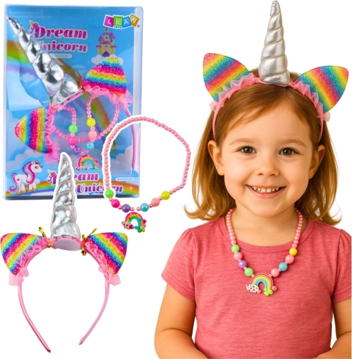 Børnesæt Dream Unicorn – hårbøjle med horn og farverig halskæde