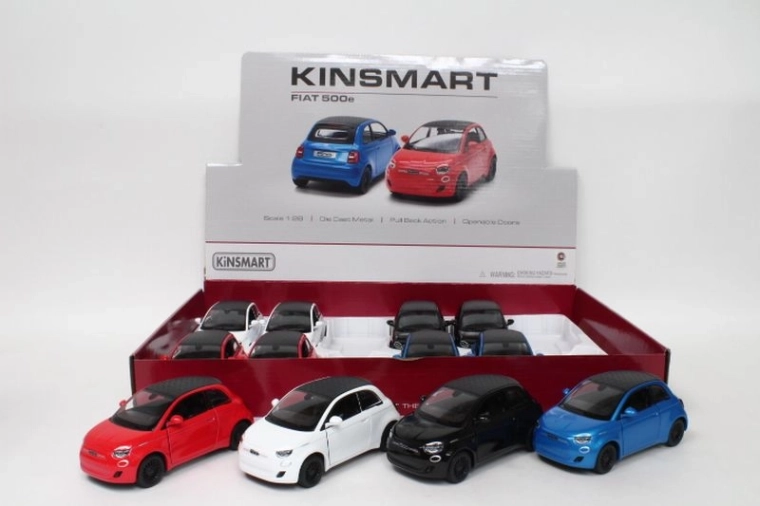 Bilmodel Fiat 500e 1:28 med træk (12 stk. i salgsdisplay)
