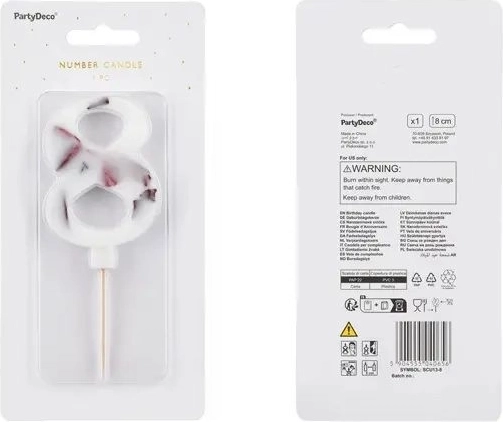 Hvidt fødselsdagslys med tallet 8, 8 cm