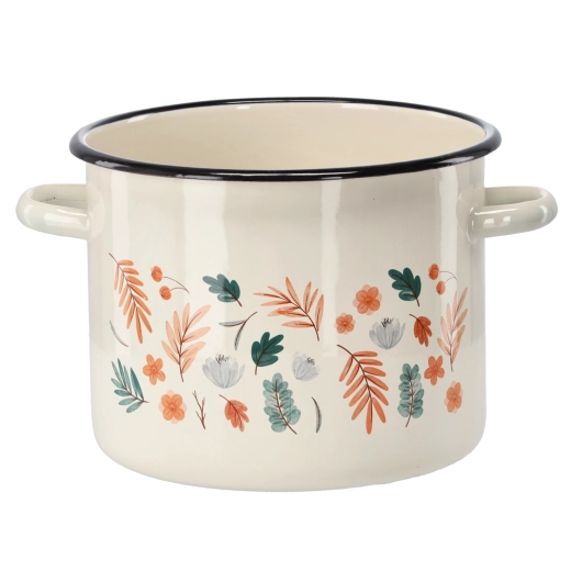 Emaljeret gryde 5,5 l, diameter 22 cm, cremefarvet med bladmotiv