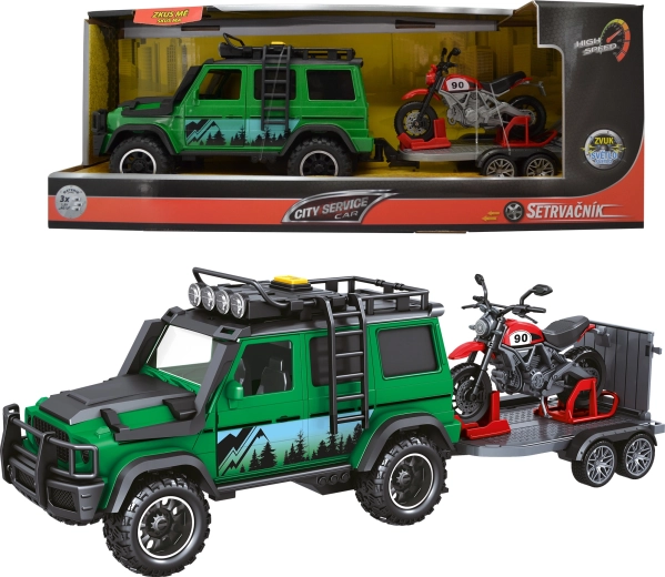 City Service Car skovvagtkøretøj med trailer og motorcykel 1:14 med lyd og lys