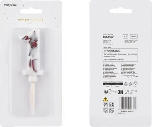 Hvidt fødselsdagslys med tallet 1 og marmormønster, 8 cm