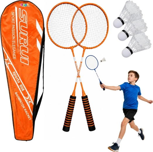 Badmintonsæt med 2 ketchere, 3 fjerbolde og etui, orange