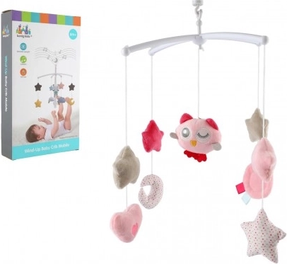 Karrusel til tremmeseng med lille ugle – optrækkelig musikmobil, lyserød