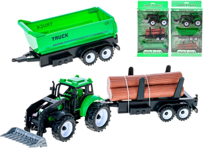 Grøn traktor med frontlæsser og 2 udskiftelige påhængsvogne med friktionsmotor