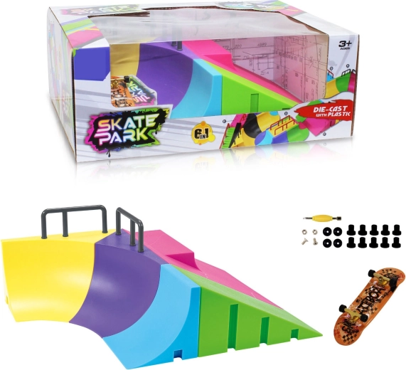 Modulært skatepark 6-i-1 med quarter pipe og fingerboard