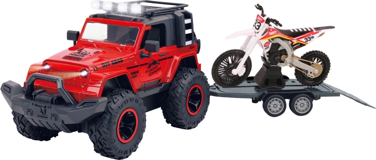 Terrængående bil med trailer og motorcykel med lys- og lydeffekter 43 cm