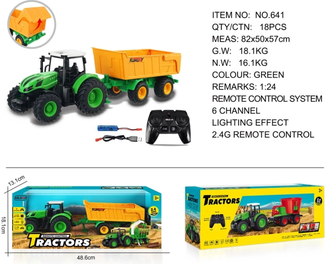 Fjernstyret traktor med gul tipvogn, der kan åbnes 1:24