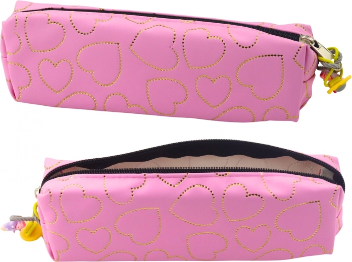 Lyserødt penalhus med gyldne hjerter