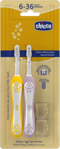 Chicco sæt med børnetandbørster Lilac-Mustard 6–36 mdr., 2 stk.