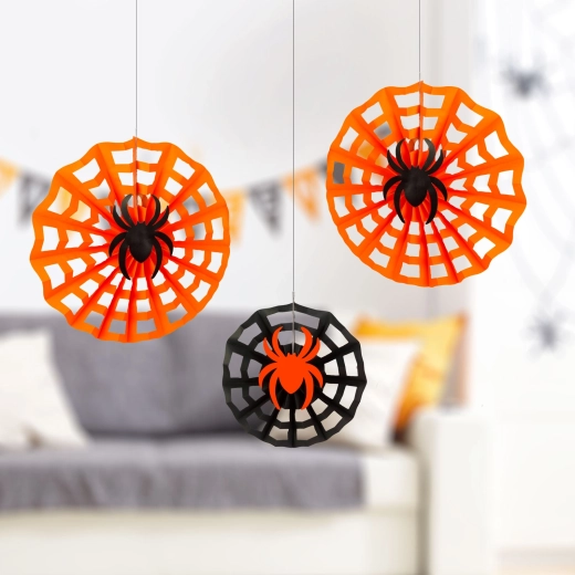 Halloween-papirdekoration med spindelvæv og edderkop 30/40 cm - 3 stk.