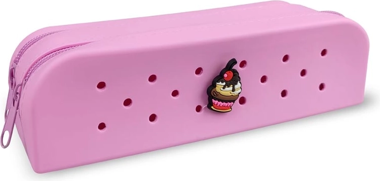 Gifty dobbelt silikonepenalhus i pink med dekorativ pin