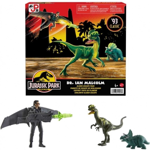 Jurassic World – figursæt Ian Malcolm med dinosaurus-kammerater og svævefly