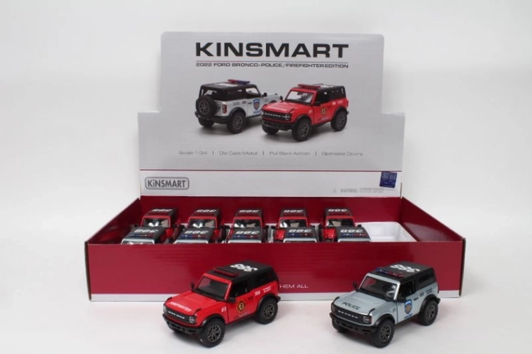 Ford Bronco politi- eller brandbil 1:34 med døre der kan åbnes og pull-back-træk