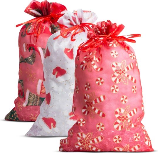 Gaveposer af organza med julemotiv 20 × 30 cm, 12 stk.