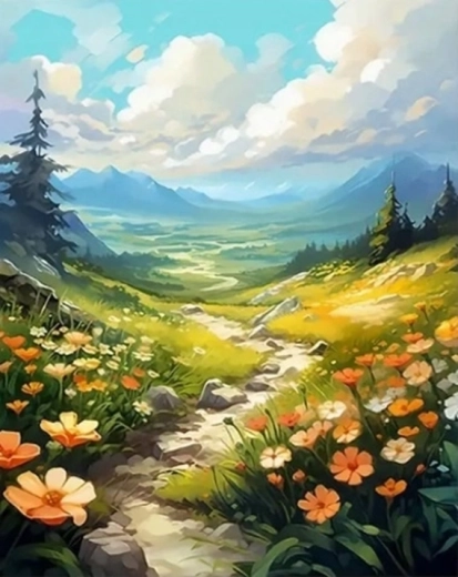 Diamantmaleri Blomstrende bjergsti 30 × 40 cm