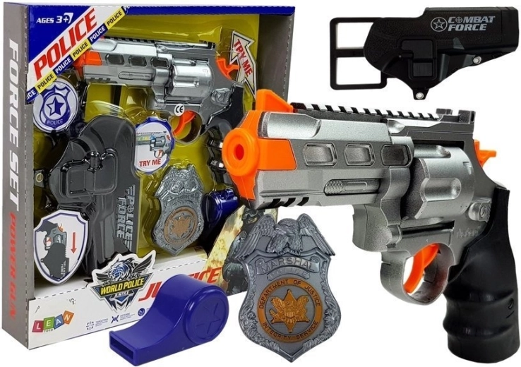 Politissæt med revolver 20 cm, badge, hylster og fløjte med lys og lyd
