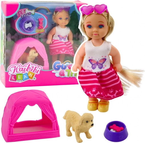 Mini-dukke med hund, telt og tilbehør