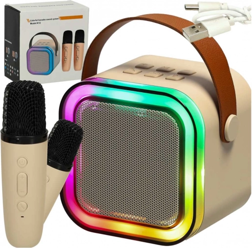 Karaoke-sæt med bluetooth-højttaler, 2 mikrofoner og LED-belysning 6 W – beige