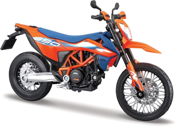 Maisto motorcykelmodel 1:12 KTM 690 SMC R (2023) med støttefod – orange‑blå