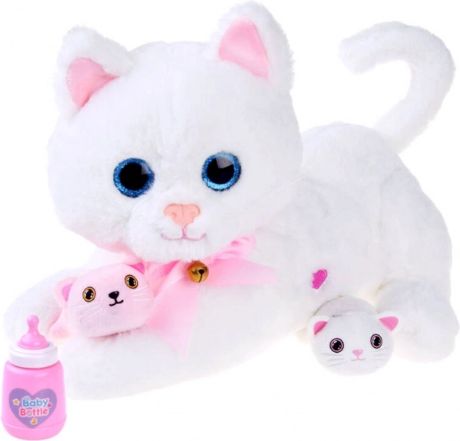 Interaktiv plysbamse-kat med killinger og sutteflaske – Hvid