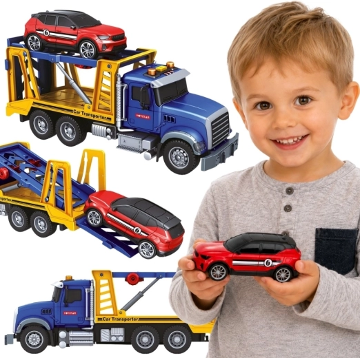 Woopie bugseringskøretøj med autotransporter og bil med lys og lyd 1:14