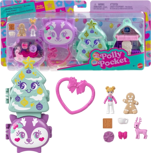 Mattel Polly Pocket juleforbindelige kompakte legesæt Holiday Connects med juletræ og rensdyr – 2 stk.