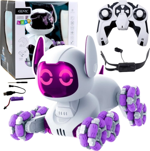 Interaktiv robot-hund TOOBY med fjernbetjening 4WD, 360°, LED og lyde – hvid‑lilla