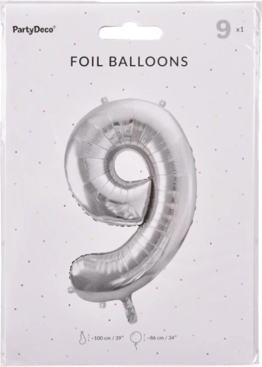 Folieballon tal 9 sølv 86 cm