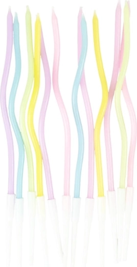 Pastelfarvede snoede kagelys 11,5 cm (12 stk)