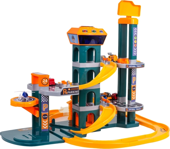 To-etagers parkering og spiralbane
