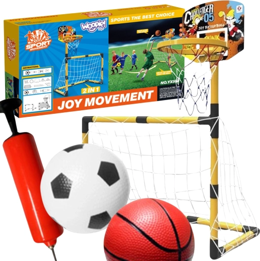 Woopie 2-i-1 sæt basketball og fodboldmål med bolde og pumpe