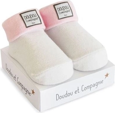 Doudou babystrømper til pige, 0–6 måneder, hvid med lyserød kant