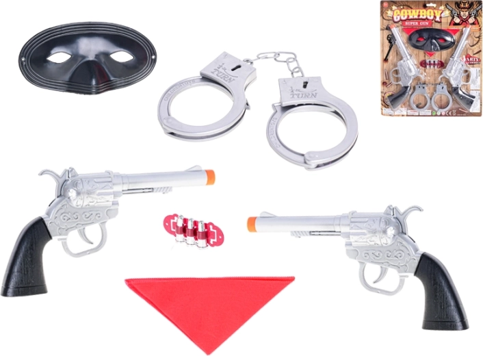 Cowboy-sæt med pistoler, håndjern og maske – 2 dele