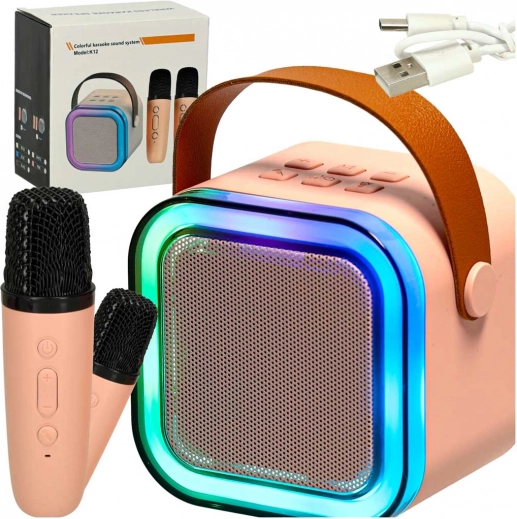 Karaokesæt med Bluetooth-højttaler, 2 trådløse mikrofoner og LED-belysning 6 W – lyserød
